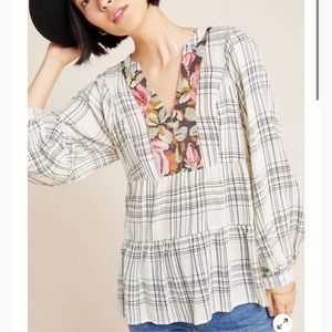 Anthropologie Darlene Plaid Floral Peasant Metallic Gold Flowy Blouse Size Sm